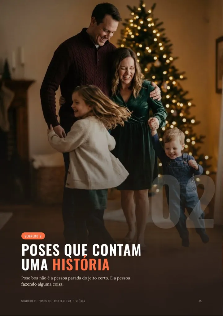 Página do capítulo de poses com família em triângulo, cabeças em alturas diferentes
